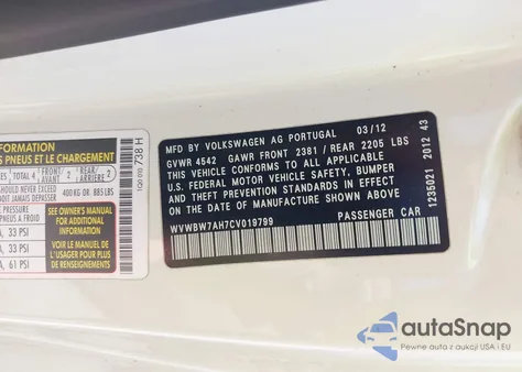 2012 Volkswagen Eos Komfort z USA, uszkodzony, nr VIN WVWBW7AH7CV019799